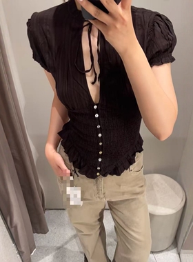 ZA外贸出口女装学院风纹理质感弹力系带蝴蝶结饰构造上衣7521020