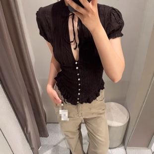 ZA外贸出口女装 学院风纹理质感弹力系带蝴蝶结饰构造上衣7521020