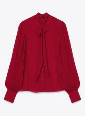 ZA外贸出口新品女装出众红色气质感垂性长袖蝴蝶结饰衬衫 4786069