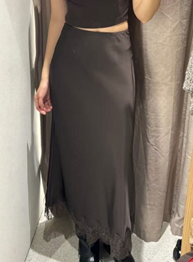 ZA外贸出口女装缎面亮光蕾丝修边饰丝缎质感迷笛半身裙 4391538