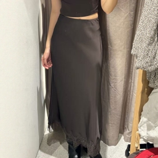 ZA外贸出口女装 4391538 缎面亮光蕾丝修边饰丝缎质感迷笛半身裙