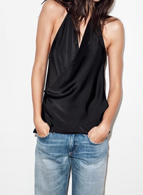 ZA外贸出口女装小堆堆领大露背礼服式丝缎质感挂脖领上衣 2337051