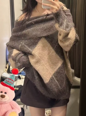 ZA外贸出口女装秋冬美式辣妹多穿法平针菱形露肩针织衫 5755138