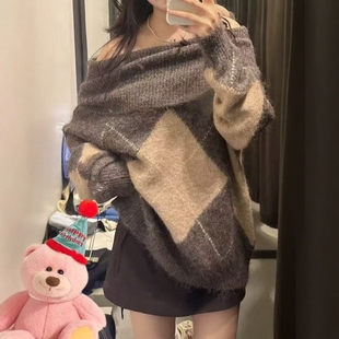 5755138 辣妹多穿法平针菱形露肩针织衫 ZA外贸出口女装 秋冬美式