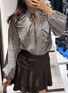 ZA外贸出口女装新品堆堆领休闲黄色小格纹叠层装饰衬衫5029223