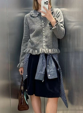 ZA外贸出口女装新款法式温柔风卷边灰色叠层装饰针织外套2756131