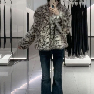 ZA外贸出口女装 4369240 斑点豹纹印花华贵质感保暖人造毛夹克外套