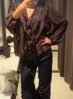 ZA外贸出口女装暗红咖妃休闲网纱质感堆堆领叠层装饰衬衫 5029209