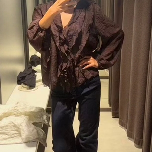 5029209 饰衬衫 ZA外贸出口女装 暗红咖妃休闲网纱质感堆堆领叠层装