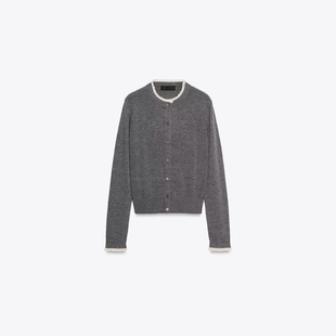 3920760 外套 ZA外贸出口女装 软糯系温柔风白色小花边拼接针织开衫