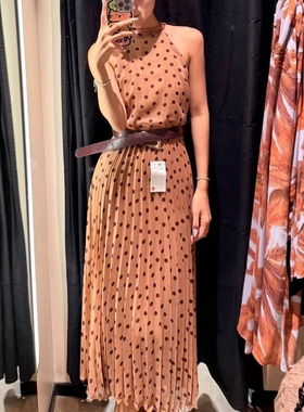 ZA外贸出口女装欧美风露背甜美波点腰带迷笛连衣裙8642802