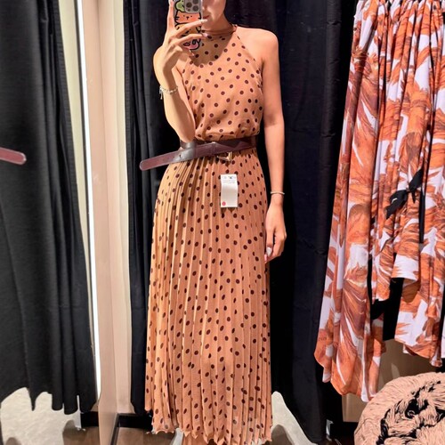 露背甜美波点腰带迷笛连衣裙