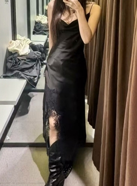 ZA外贸出口女装新丝缎质感亮面性感蕾丝不对称下摆连衣裙 5919215