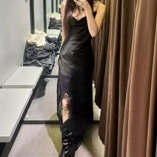 ZA外贸出口女装 5919215 新丝缎质感亮面性感蕾丝不对称下摆连衣裙