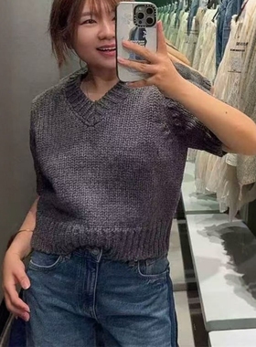 ZA外贸出口女装秋季新品黑灰色钩针V领半袖短款针织衫6771126