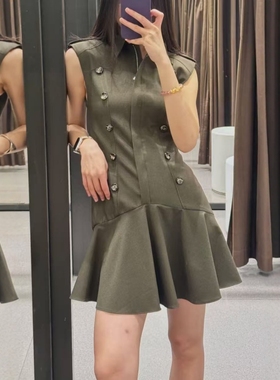 ZA外贸出口女装新款小飞袖双排扣带垫肩叠层装饰短连衣裙8927509