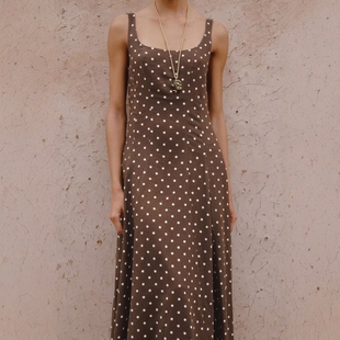 ZA外贸出口女装 宽肩带U领甜美棕色宽摆波点迷笛连衣裙8099510 夏季