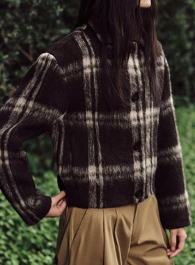 ZA外贸出口女装美式复古纹理反绒质感圆领格子夹克外套6318289