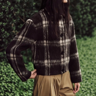 ZA外贸出口女装 复古纹理反绒质感圆领格子夹克外套6318289 美式