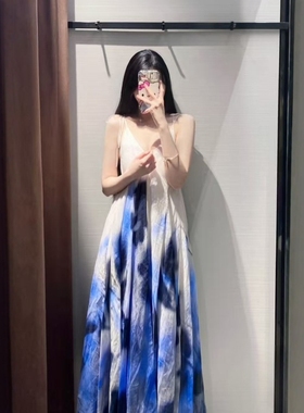 ZA外贸出口新品可调节肩带泼溅效果印花休闲亚麻连衣裙女2787193