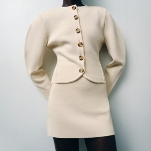 ZA外贸出口5536107平针厚重面料排扣素面修身 纽扣针织外套5536108