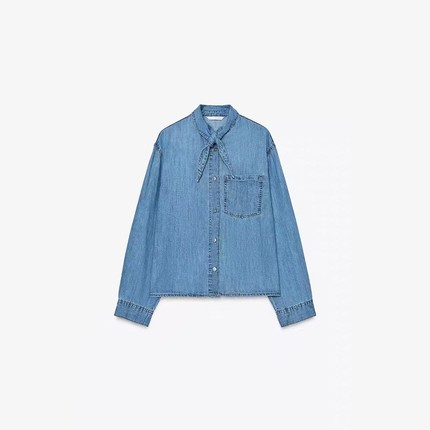 ZA外贸出口新品复古休闲宽松领口蝴蝶结饰牛仔衬衫外套女8197061