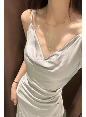 ZA外贸出口银色丝滑缎面荡领吊带连衣裙高级感晚礼服9479274 808