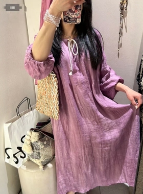 ZA外贸出口女装浪漫主义淡紫色显瘦亚麻扎染长衫式连衣裙4043241