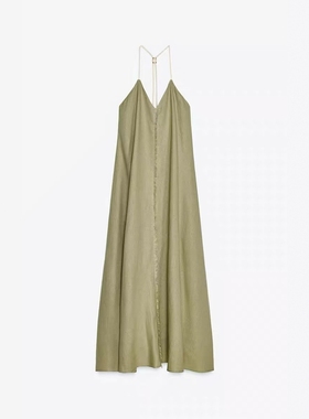 ZA外贸出口新品女装浅绿色奢华感亚麻吊带迷笛连衣裙8372096 506