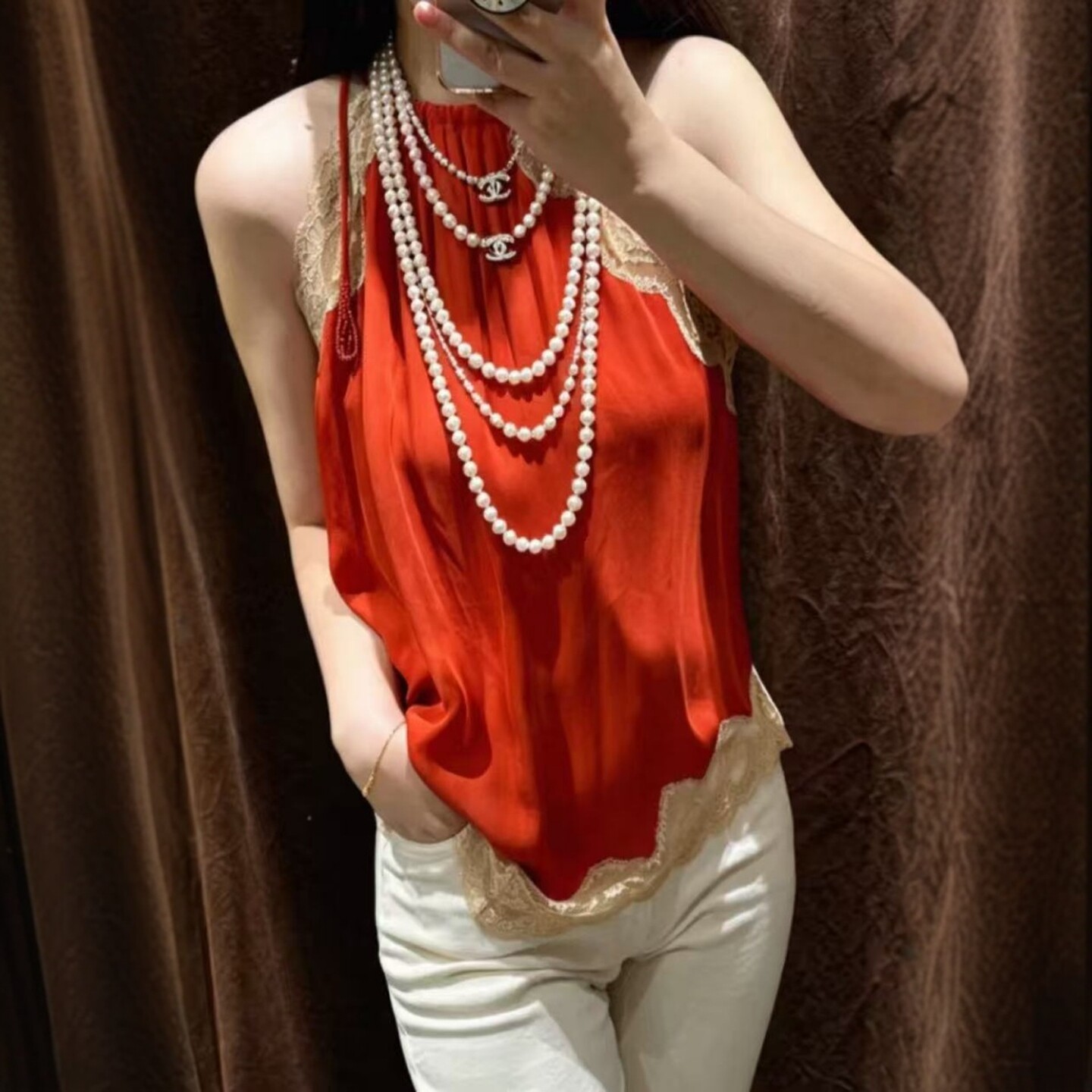 ZA外贸出口女装新品度假风无袖肚兜式蕾丝拼接挂脖上衣 5107089