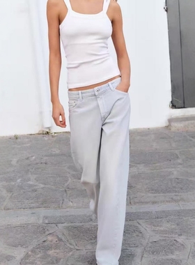 ZA外贸出口新品女装棉质柔软淡蓝色中腰阔腿休闲牛仔裤 8197035