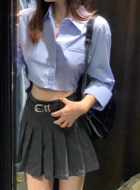 ZA外贸出口秋季蓝色高腰棉质露背卡扣饰府绸长袖衬衫女8400260