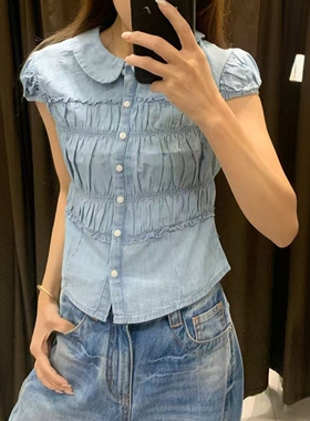 ZA外贸出口女装新款湖蓝色叠层装饰褶饰小圆翻领衬衫 0695061 400