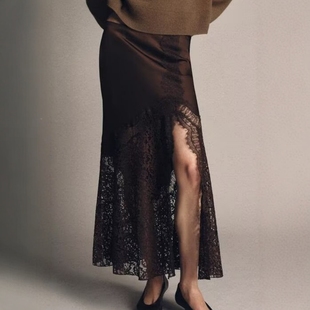 ZA外贸出口女装 5919212 开叉设计咖色半透明下摆蕾丝丝缎半身裙