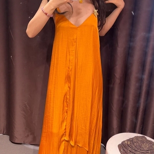 ZA外贸出口女装 花朵金属配饰垂顺丝缎质感迷笛连衣裙8157945