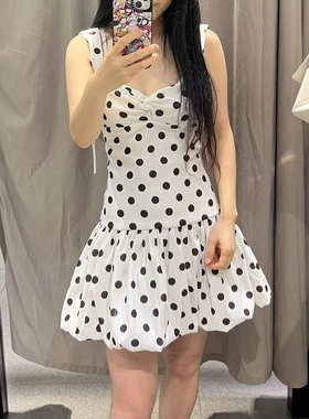 ZA外贸出口新品甜酷男友风微收腰气球版型下摆波点连衣裙0085356