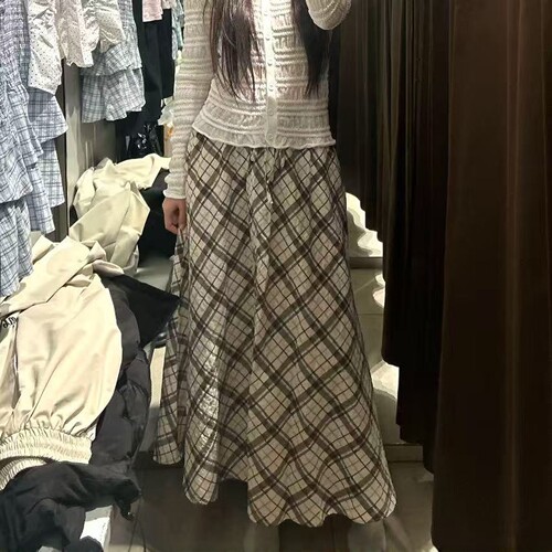 显瘦极简高级感格子迷笛半身裙