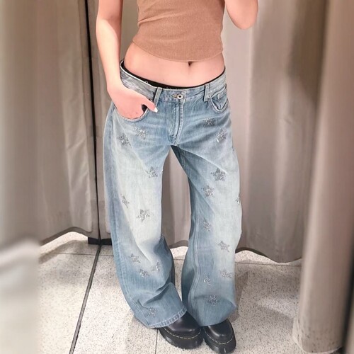 低腰宽腿满天星烫钻牛仔裤