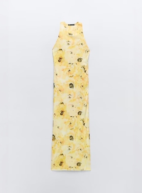 ZA外贸出口女装明黄色印花打结装饰露背包臀绢网连衣裙 5039627