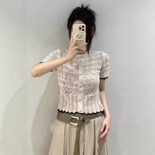 ZA外贸出口女装 外套6771121 排扣镂空圆领网眼针织短袖