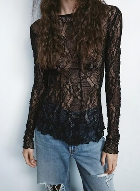 ZA外贸出口新品女装内搭修身性感半透明薄纱蕾丝上衣6050308 800