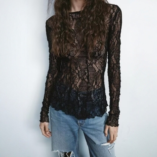 性感半透明薄纱蕾丝上衣6050308 内搭修身 800 女装 ZA外贸出口新品