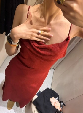 ZA外贸出口女装新品美人蕉橙配色苎麻吊带露背迷笛连衣裙8478730