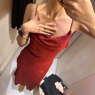 ZA外贸出口女装 美人蕉橙配色苎麻吊带露背迷笛连衣裙8478730 新品