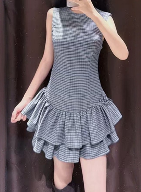 ZA外贸出口女装新款小网格分层下摆背心连体裤式连衣裙4764869