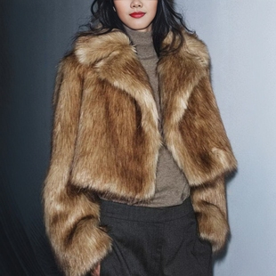 ZA外贸出口女装 710 大翻领暮色棕橘人造皮草效果短外套3945243