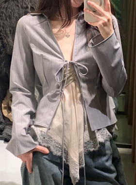 ZA外贸出口女装休闲复古高级灰条纹蝴蝶结垂感衬衫 2163082 812