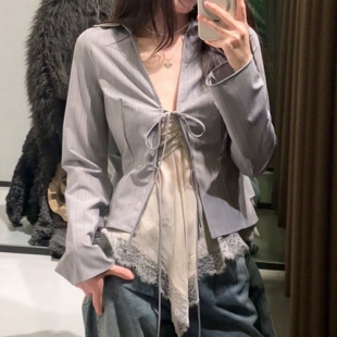 2163082 812 休闲复古高级灰条纹蝴蝶结垂感衬衫 ZA外贸出口女装