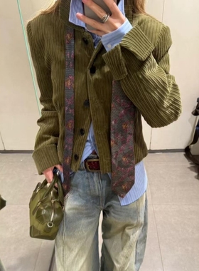 ZA外贸出口5030709墨绿通勤辣妹新装灯芯绒翻领短外套女1255404