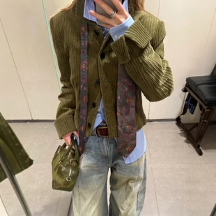 ZA外贸出口5030709墨绿通勤辣妹新装 灯芯绒翻领短外套女1255404